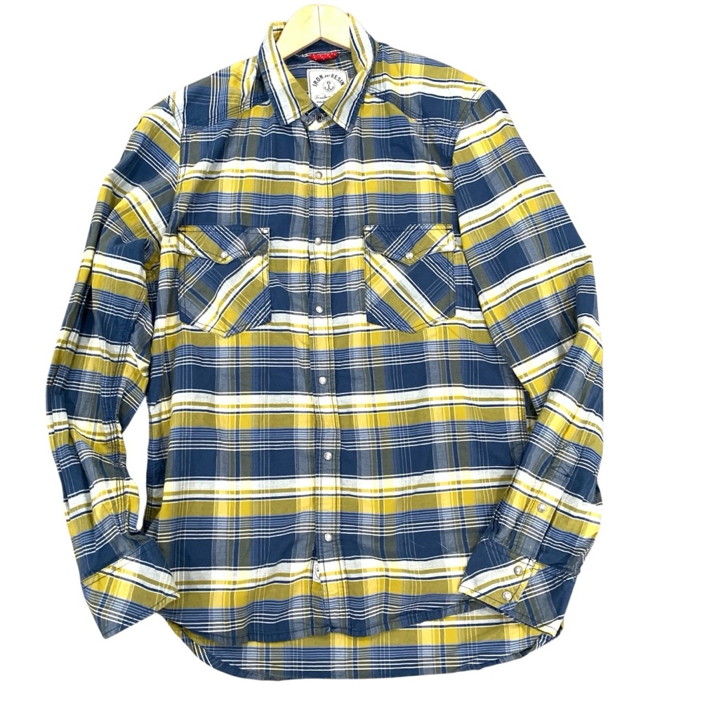 Iron‎ And Resin Plaid Long Sleeve Snap Button Shirt Men’s size Large Cotton